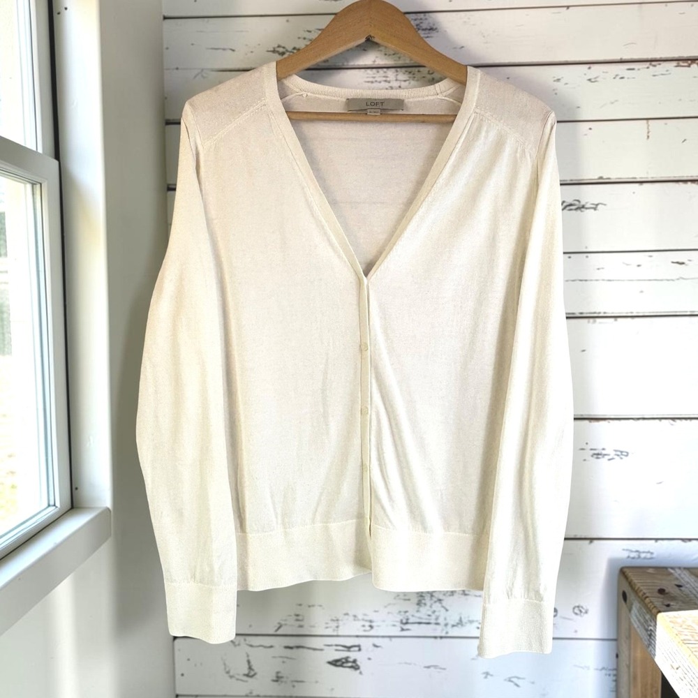 Cardigan Loft XL Cream White 100% Cotton VNeck Button Sweater Minimalist Capsule